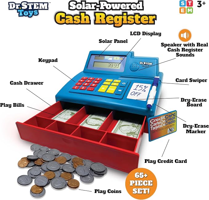 Dr. STEM Toys Solar Powered Calculator Pretend Cash Register with Play Money – 67-Piece Set for Learning Math Skills, STEM Cash Register for Kids (Blue) - Image 2