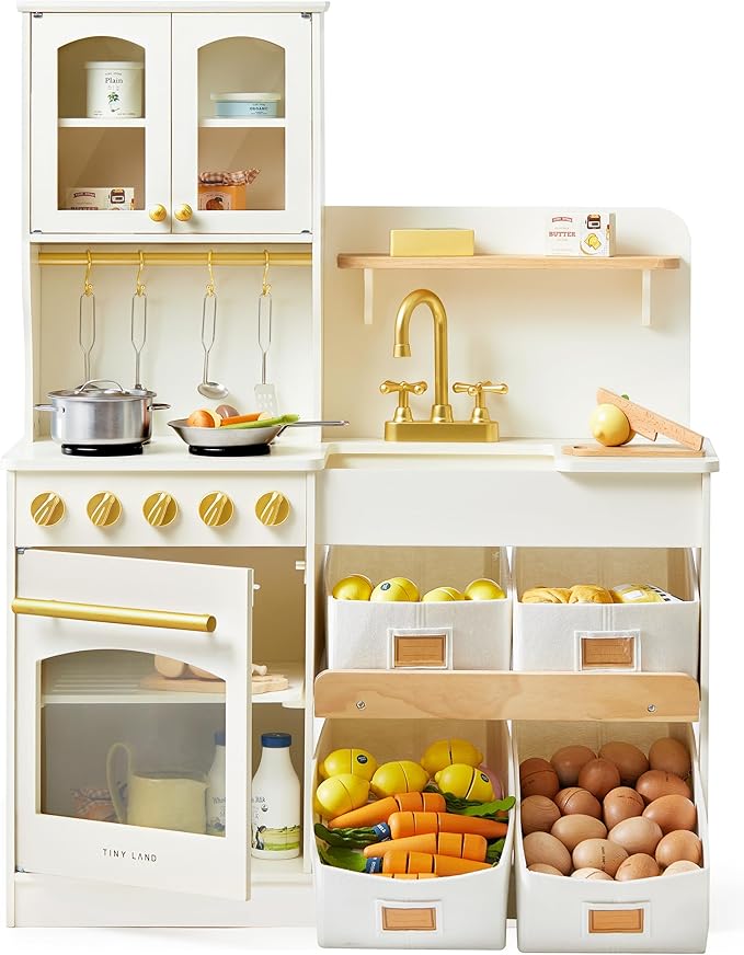 Tiny Land Play Kitchen for Kids with Enhanced Storage – Modern Toddler Kitchen Playset with Stove, Sink & Accessories, Organized Wooden Toy Kitchen, Ideal for Toddlers