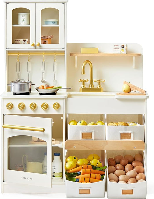 Tiny Land Play Kitchen for Kids with Enhanced Storage – Modern Toddler Kitchen Playset with Stove, Sink & Accessories, Organized Wooden Toy Kitchen, Ideal for Toddlers