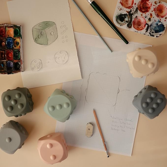 mushie Silicone Dice Press Toy | Baby Sensory Play for 10+ Months (Tradewinds/Stone)