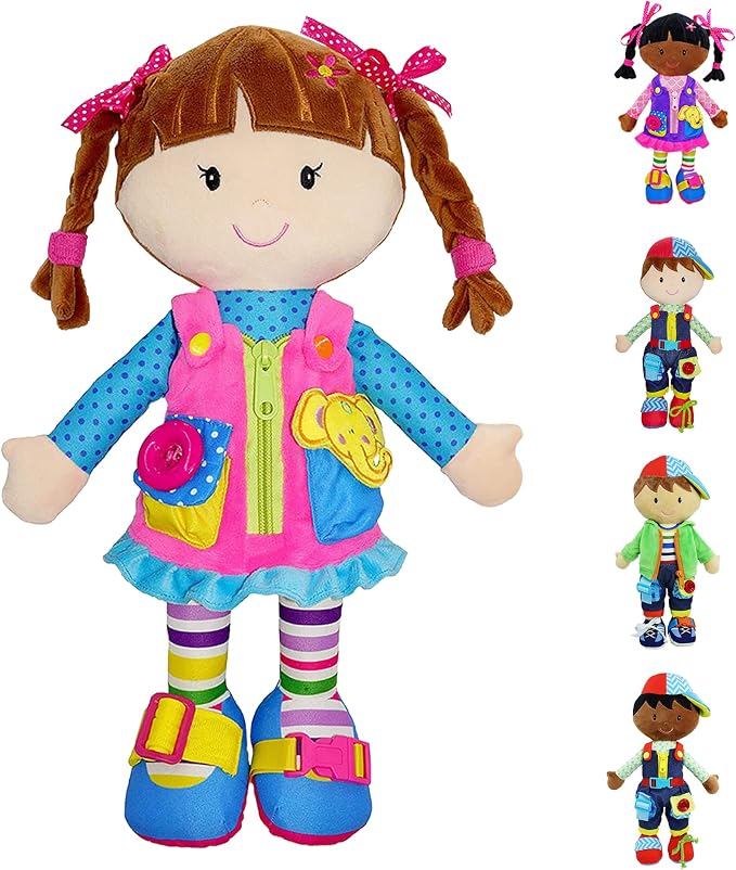 June Garden 15.5" Dressy Friends Belle - Educational Stuffed Plush Doll for Kids and Toddlers 2 Years and Up - Montessori Buckle Soft Toy by JuneGarden