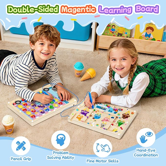 2 in 1 Magnetic Color and Number Maze Double-Sided ABC Alphabet Puzzles Board Magnet Dinosaur Counting Maze Preschool Learning Montessori Education 3 4 5 Years Toys (Ice Cream, One Size) - Image 4