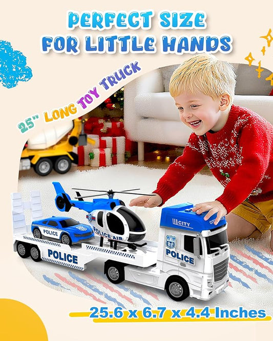 Toddler Boy Toys for 3 + Year Old, Large Semi Truck Toy with Racing Car and Helicopter Toy， Police Car Toy, Birthday for Kids Child Over 3 Years Old, 25''