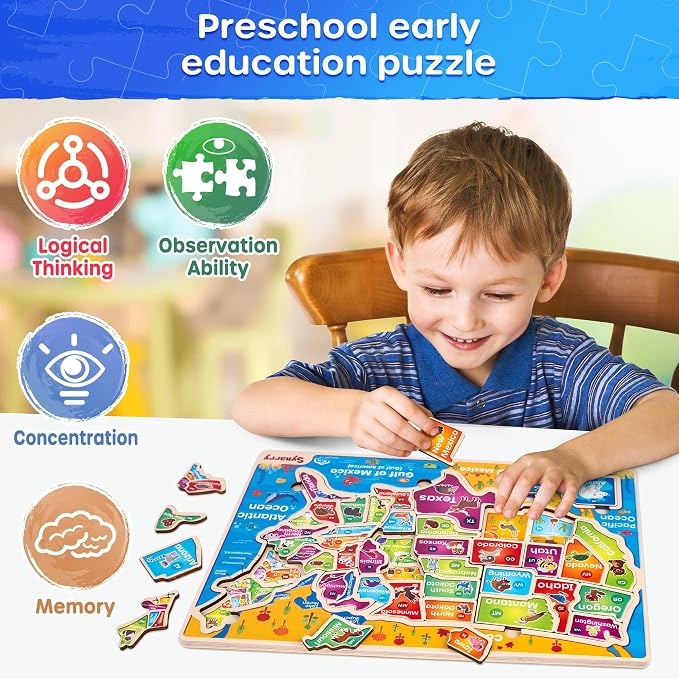 SYNARRY Large USA Wooden Puzzles for Kids Ages 3-5, Learning United States Map Puzles for Kids Ages 4-6, Wood Jigsaw Puzzles Educational Games Toys Gifts for Boys Girls Ages 3-8 - Image 5