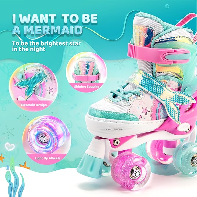 NEMONE Mermaid 4 Size Adjustable Light up Roller Skates for Girls, Purple Blue Skates for Toddlers, Beginner Kids Butterfly Roller Skates Indoor Outdoor