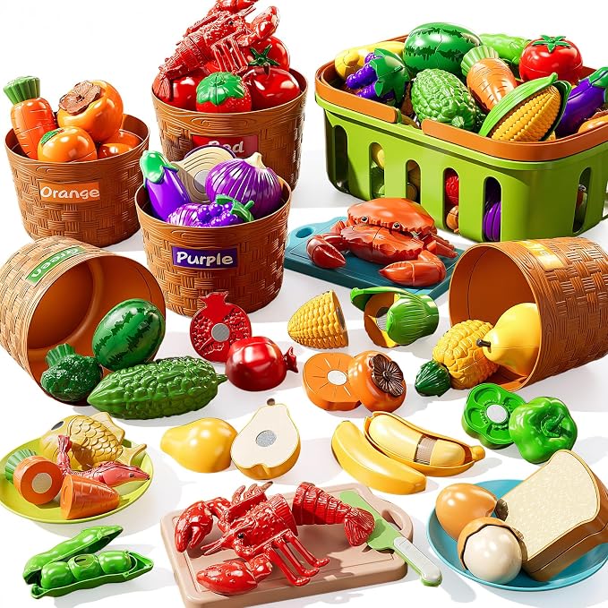 NIPLOOOW Play Food Set for Kids, Toddler Learning Toys, Cutting Food Toy Color Sorting Set, Pretend Food Play Kitchen Accessories for Kids, Birthday Gifts for 3-8 Years old Boys Girls Educational Toys by Unknown