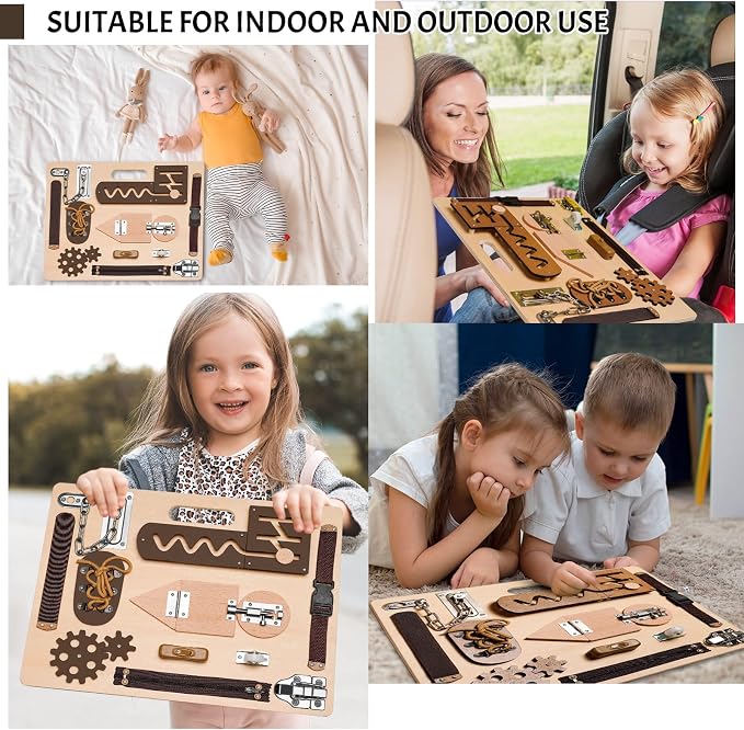 Montessori Busy Board for Toddlers, Wooden Sensory Toys, Preschool Learning Activities for Fine Motor Skills Travel Toy, Basic Life Skills Educational Gifts for 1, 2, 3 Years Old Kids Boys Girls - Image 7