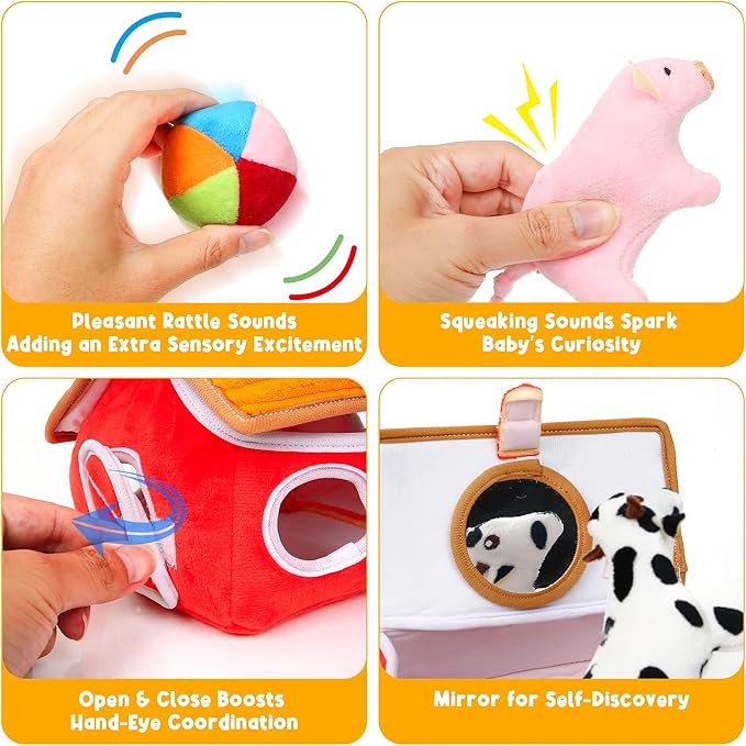 Baby Toys 6-12 Months - Montessori Sensory Farm Set - Soft Stuffed Animals with Rattle Squeak Safe Mirror - On-The-Go Toddler 1-3 Year Old Boy Girl Birthday Gifts (Orange)