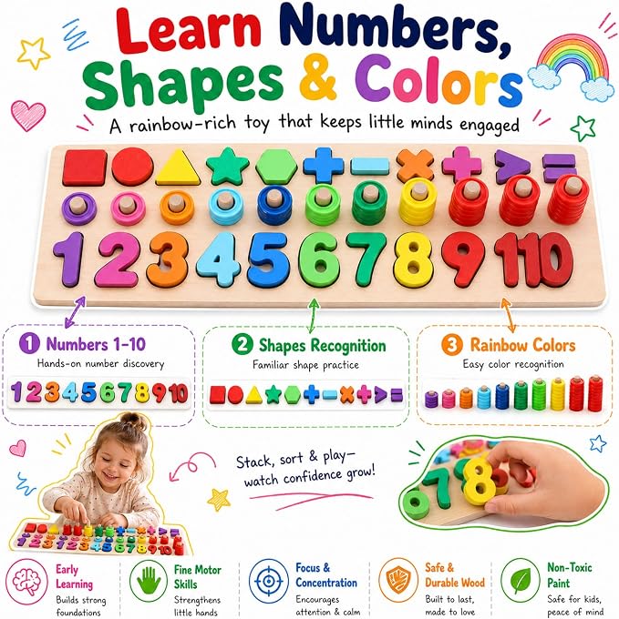 GeroCrew Wooden Montessori Toys for Kids Toddler Number Puzzles Sorter Counting Shape Stacker Stacking Game Preschool Toys for Boy Girl Learning Education Math Blocks Year Old Girl Gifts (Rainbow) - Image 2