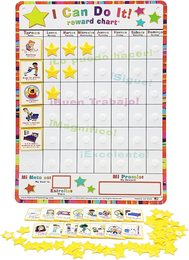 Kenson Kids Spanish English “I Can Do It” Reward and Responsibility Chart, 11 X 15.5-Inch, Daily Routine Incentive Star Chart- Visual Weekly Magnetic Chore, Behavior, and Organizational Star Chart by KensonKids