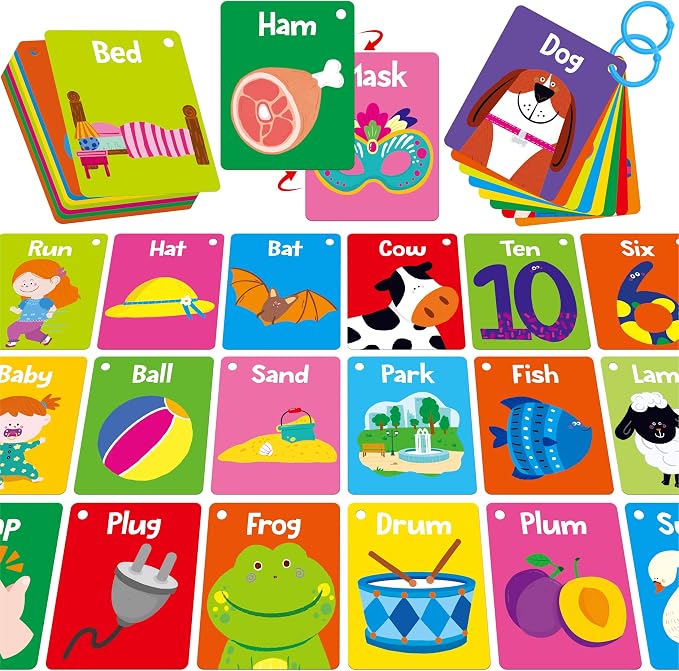 52 PCS Word Flashcards, 52 CVC Words & 52 CVCC, CCVC Words Double-Sided Cards with 2 Rings, Vocabulary Phonics Learning, Educational Tool for Preschool, Kindergarten, Toddlers by SpriteGru