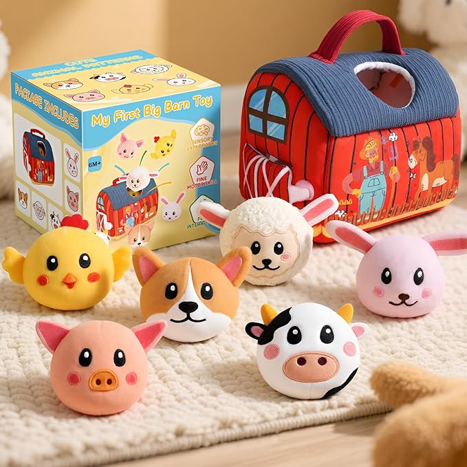 Baby Toys 6-12 Months - Soft Barn with Stuffed Farm Animals Toy, Montessori Toys for 6 Months Infant Boys Girls Sensory Gifts with Rattle, Crinkle Paper, Mirror Christmas Stocking Stuffers
