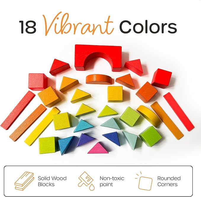 Quiggly Montessori Wooden Rainbow Building Blocks - 68 Pc STEM Toy Set - Image 8