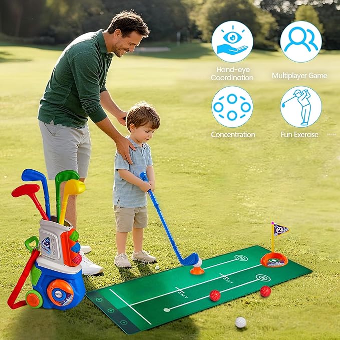 PJG Toddler Golf Set with Mat, Plastic Kids Golf Clubs 3-5 with 4 Golf Clubs and 10 Balls, Indoor and Outdoor Golf Toys with Cart for Toddlers Boys and Girls Aged 1 2 3 4 5 Years Old Birthday (Blue)