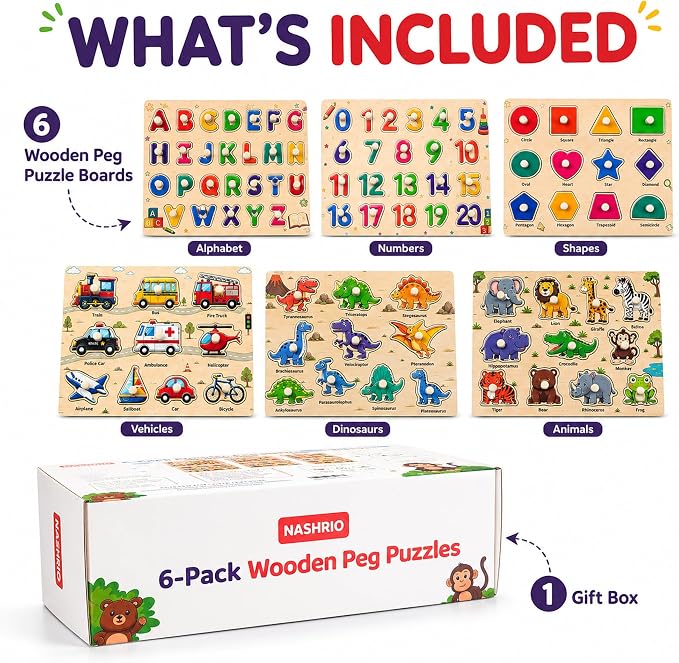 Wooden Peg Puzzles for Kids Ages 3-5, 6 Pack Large ABC Alphabet Number Shape Animal Dinosaur Vehicle Puzzle Set, Preschool Learning Toys, Montessori Educational Gifts for 3 4 5 Boys Girls - Image 2