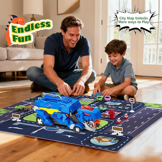 Dinosaur Toys Car for Kids 3-8 Year Old Boy Gift, Toddler Toys for 3 4 5 6 Years Old Boys & Girls Transport Dino Truck with 12 mini Cars & City Map Birthday for Kids
