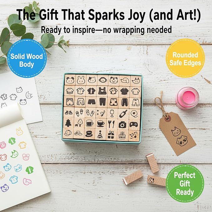 Wooden Stamp Set - 42 Pcs Animal Party Stamps for Toddlers, Arts and Crafts Supplies for Crafting for Scrapbooking Journals and Greeting Cards Perfect for DIY Scrapbooking Card Making