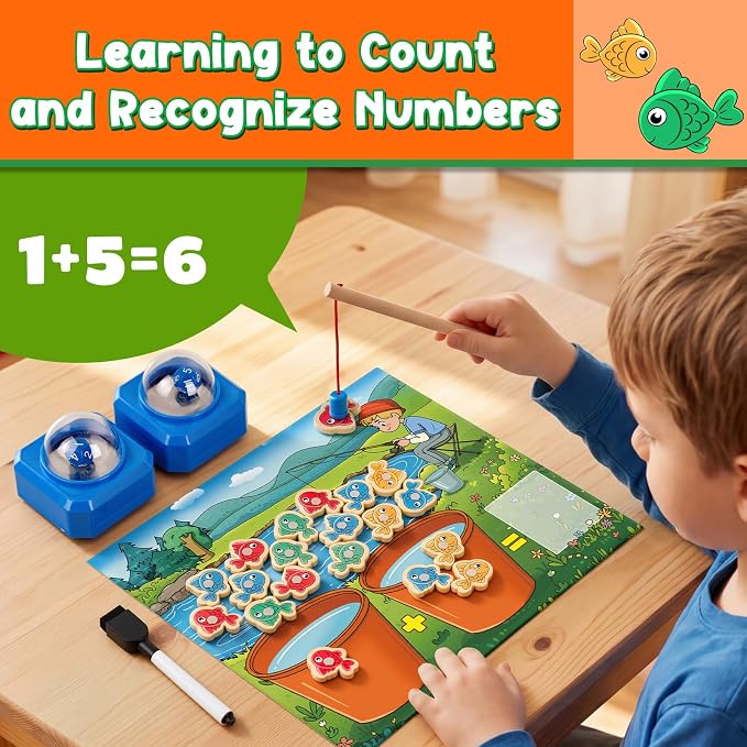 Magnetic Fishing Math Game for Kids 3-5, Montessori Counting Toy with Dice Poppers, Preschool Math Manipulatives Board Game, Addition and Subtraction Dice Game for Homeschool Classroom - Image 5