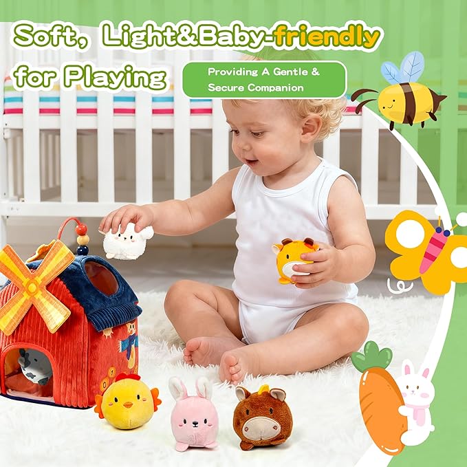 brenzo Barnyard Baby Toys 6-12 Months, 7-Piece Montessori Sensory Playset Babies 0-3, Tummy Time Companion w/ 6 Farm Animals, Rattle, Crinkle, Squeaker & Mirror, Ideal Newborn Toddler Christmas Gift