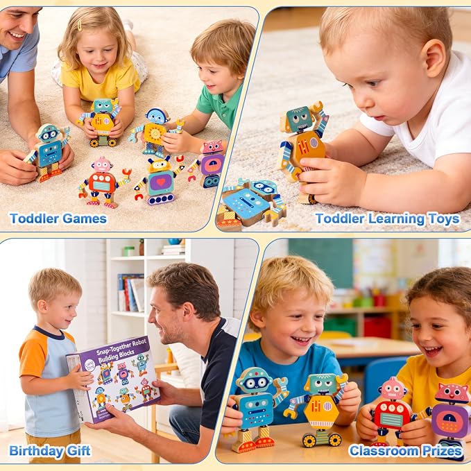 33-Piece Wooden Snap-Together Take-Apart Robot Building Blocks for Kids 3-6 - Image 6