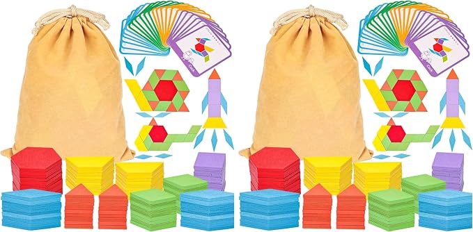 LovesTown 209 PCS Shapes Wooden Pattern Blocks for Kids, Geometric with Activity Cards and Storage Bag, Educational Tangram Puzzles,Great Learning Gift from Parents or Teachers (Pack of 2) by Lovestown