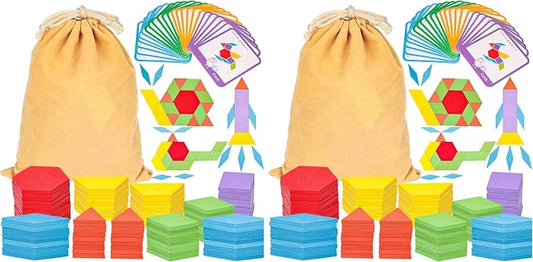 LovesTown 209 PCS Shapes Wooden Pattern Blocks for Kids, Geometric with Activity Cards and Storage Bag, Educational Tangram Puzzles,Great Learning Gift from Parents or Teachers (Pack of 2) by Lovestown