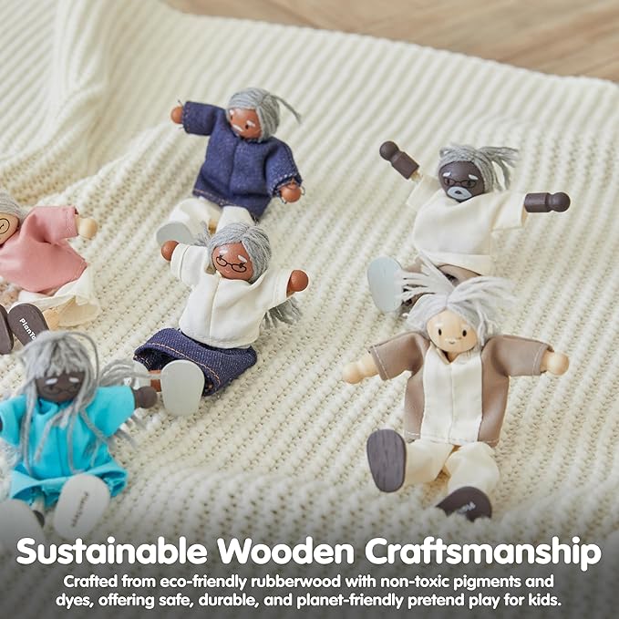 PlanToys® Grandfather Dollhouse Figure - Fair Skin Tone | Poseable 1:12 Scale Dollhouse People | Montessori Pretend Play Doll with Bendable Arms & Legs | Eco-Friendly Wooden Figurine for Kids