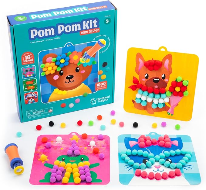 Educational Insights Pom Pom Kit: Animal Dress Up - Arts and Crafts for Kids 4-6, DIY Arts & Crafts Kits, Kids No Mess Activities, Preschool and Kindergarten Crafting Set, Toddler Craft Supplies by EducationalInsights