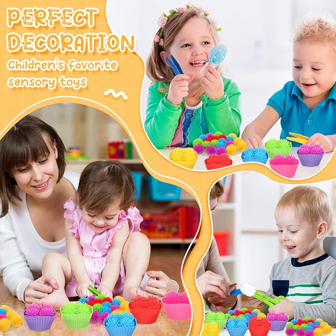 Leitee 90 Pcs Fine Motor Skills Counting Sorting Sensory Bin Filler Toy Set Matching Game Include 72 Hedge Ball 4 Tweezer 2 Scissor Clip 12 Sorting Cup for Preschool Education Train Development - Image 5