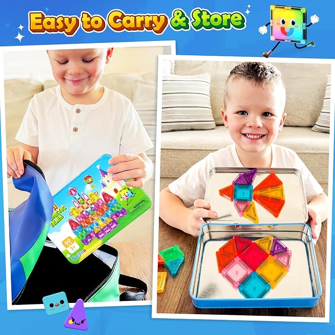 Soyee Mini Travel Magnetic Tiles 60PCS with Metal Tin Case Toddler Kids Toys Travel Essentials, Toddler Travel Toys Portable STEM Building Blocks Compatibility with Regular Size Magnetic Tiles - Image 3