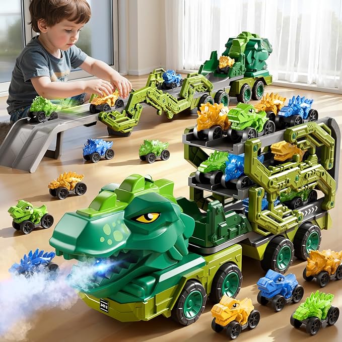 Toddler Car Truck Toys for Kids Ages 3-5, 10-in-1 Dinosaur Carrier Truck with Foldable Track Toys with Spray, Light & Sounds and 9 Dino Cars, Birthday Gift for 3 4 5 6 7 8 Years Old Boys Girls