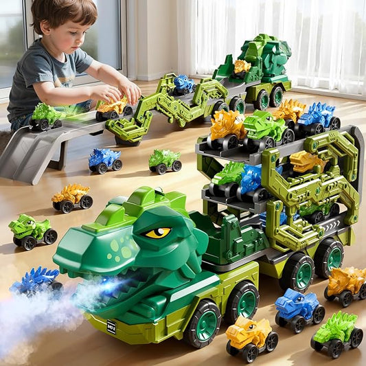 Toddler Car Truck Toys for Kids Ages 3-5, 10-in-1 Dinosaur Carrier Truck with Foldable Track Toys with Spray, Light & Sounds and 9 Dino Cars, Birthday Gift for 3 4 5 6 7 8 Years Old Boys Girls