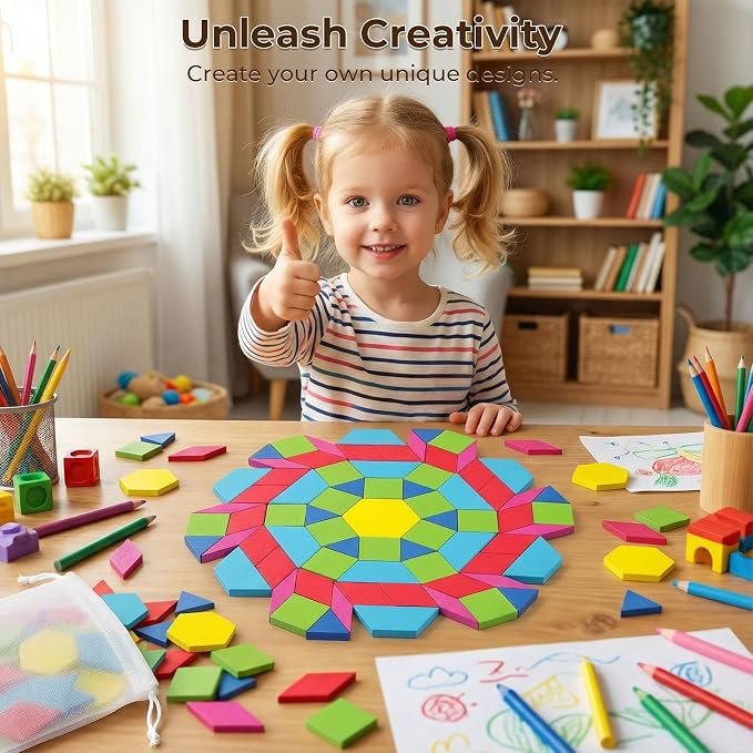 3 Otters 150Pcs Wooden Pattern Blocks Set, Geometric Tangram Shapes - Image 6
