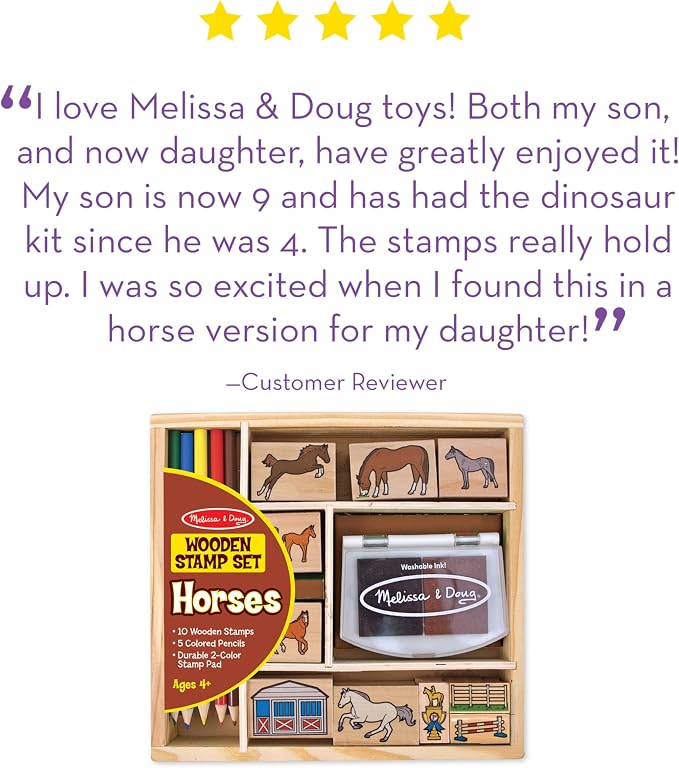 Melissa & Doug Wooden Stamp Activity Set: Horse Stable - 10 Stamps, 5 Colored Pencils, 2-Color Stamp Pad - Image 6
