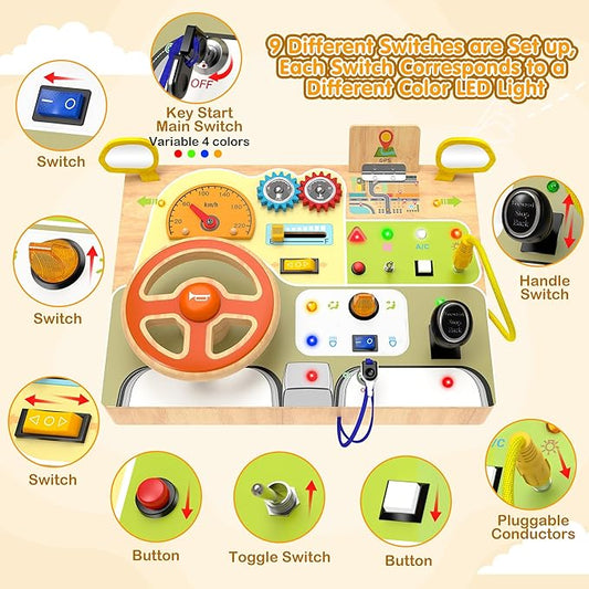 Montessori Toddler Toys - Baby Wooden Busy Board - Sensory Toys with Light Switch - Travel Toys for Educational Toddler Activities for Toddlers 1 2 3 4+ Year Old