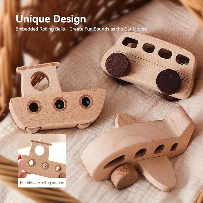 Wooden Cars for Toddlers 1-3, Wooden Vehicles Baby Cars Set with Bus, Airplane and Boat, Montessori Rattle Toys with Rolling Beads, Ideal for Boys and Girls