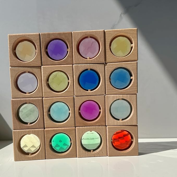 16PCS Acrylic Wooden Gem Blocks, Sparkling Acrylic Colorful StackingToys, Open Ended Play Montessori Educational Toys (16PCS Square Gem Blocks) - Image 3