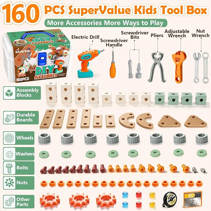 Kids Tool Set with Drill & Toolbox, 160PCS STEM Construction Building Toys - Image 8
