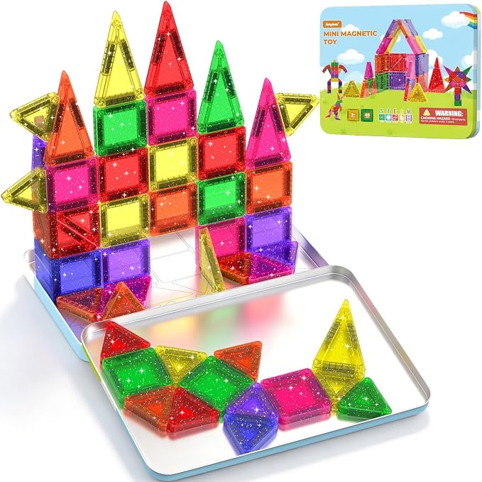 46PCS Glitter Mini Magnetic Tiles Travel Set with Storage Case by Anyeve