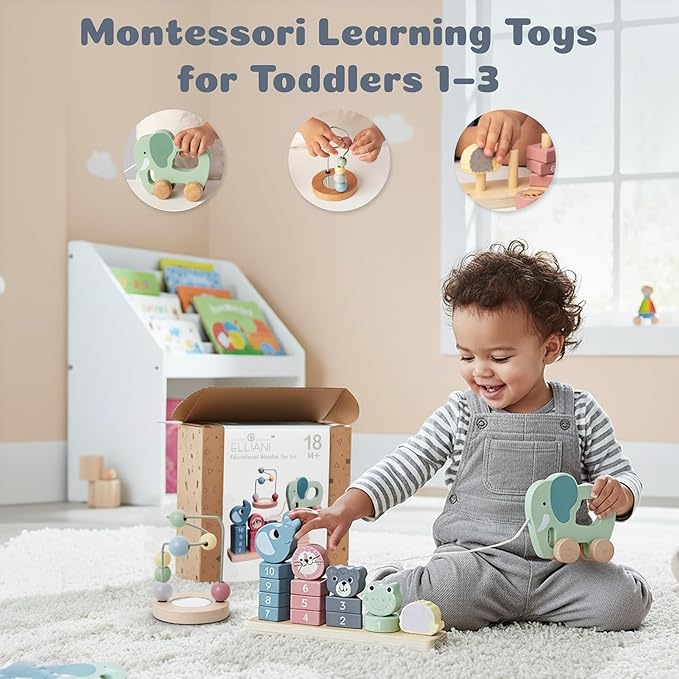 ELLIANI Montessori Toys for 1 Year Old - 3-in-1 Wooden Toy Set with Stacking Toy, Pull Toy, Bead Maze, Educational Gift for Toddlers Age 1-3