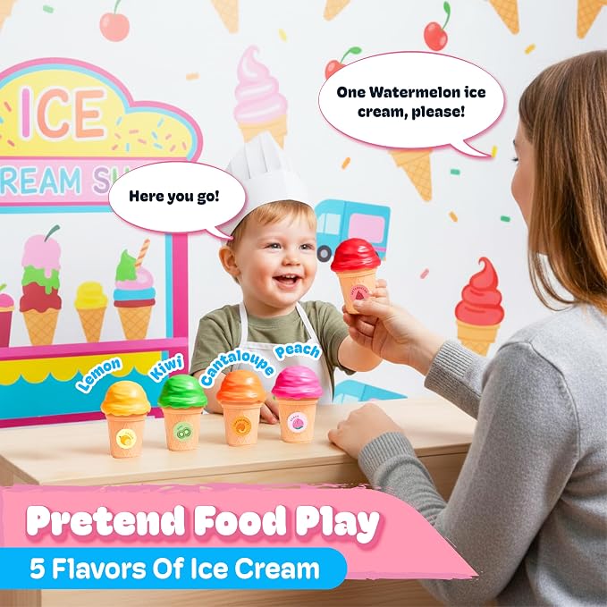 JoyCat Ice Cream Sorting and Stacking Pretend Play Toy Set, 5 Cones - Image 2