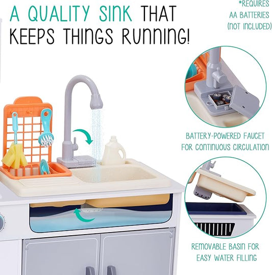 Lil’ Jumbl Kids Wooden Kitchen Set, Pretend Working Sink with Real Running Water, Includes Range Hood, Microwave & Stove Top That Make Realistic Sound & Light, Full Accessory Set Included
