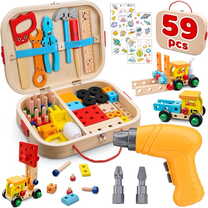 59Pcs Kids Tool Set with Electric Drill, Montessori Wooden Toys Kit by Goodfuns