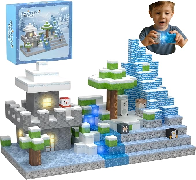 138 Pcs Magnetic Building Blocks, Enhance STEM Learning, Creative Play & Logical Thinking, Durable & Vibrant Color with Light Up Blocks, Ideal for Classroom & Screen-Free Entertainment (Glacier) by KKPOT
