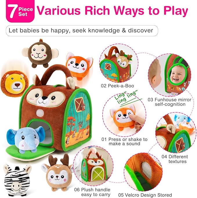 Montessori Sensory Toys for Babies 6-12 Months & Toddlers 1-3 Year Old - Educational Stuffed Animal Set with Rattle, Crinkle & Safe Mirror for Baby Kids & Boy Girl