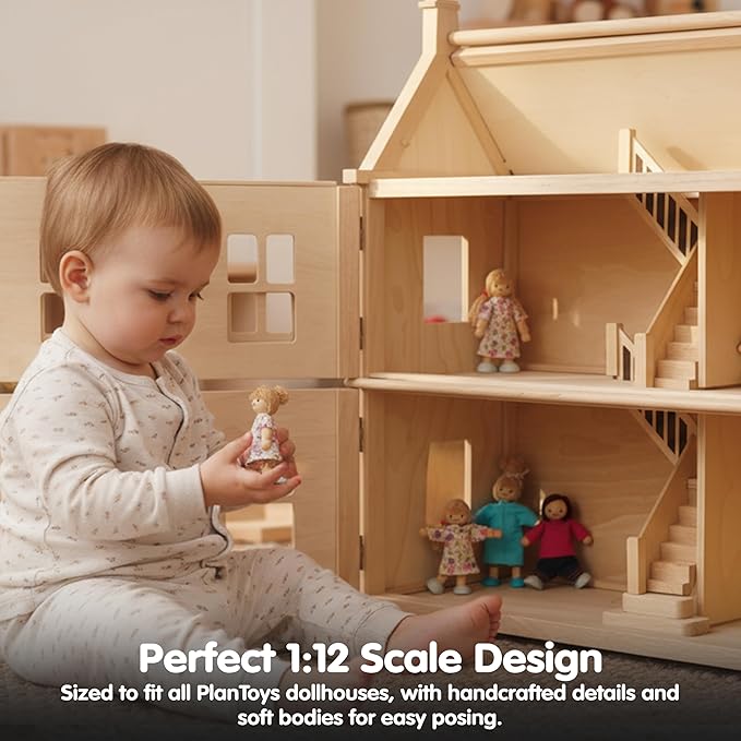 PlanToys® Wooden Dollhouse Family Set– Light Skin & Brown Hair| 4 Poseable 1:12 Scale Doll House People | Montessori Pretend Play Figurines | Eco-Friendly Sustainable Wooden Toy for Kids