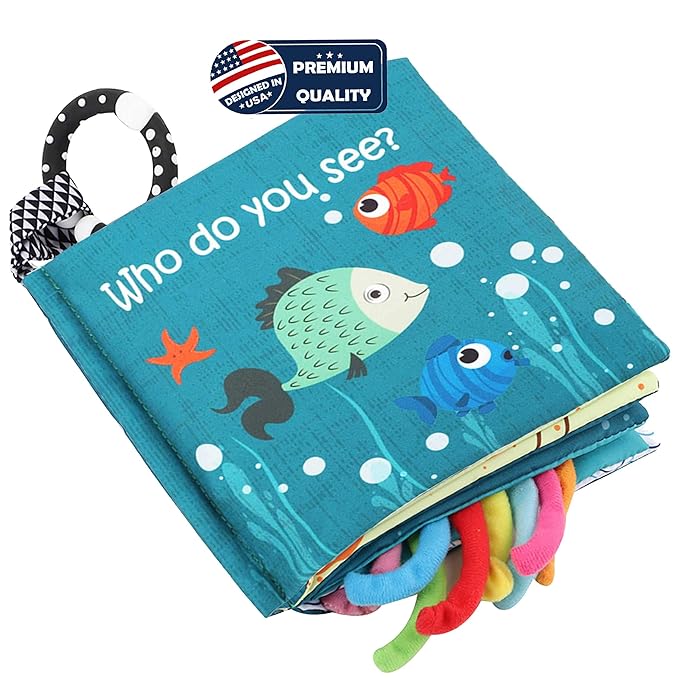 Fish Baby Books Toys, Touch Feel Cloth Crinkle Books for Babies,Baby Infant Toys 0-6, 6-12,12-18 Months,Early Learning Education, Christmas Shower Baby Gifts for Boys Girls,Teething,Mirror,Shark Ocean