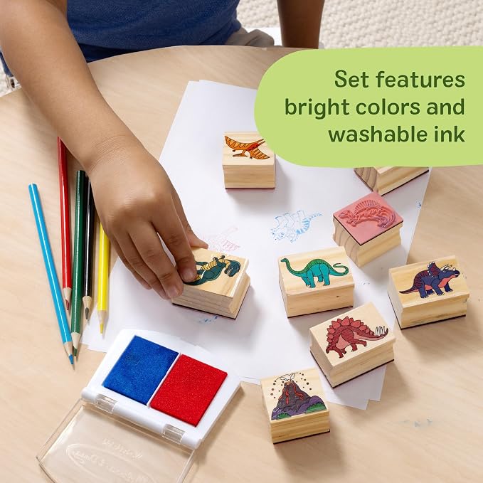 Melissa & Doug Wooden Stamp Set: Dinosaurs - 8 Stamps, 5 Colored Pencils, 2-Color Stamp Pad - FSC Certified - Image 6