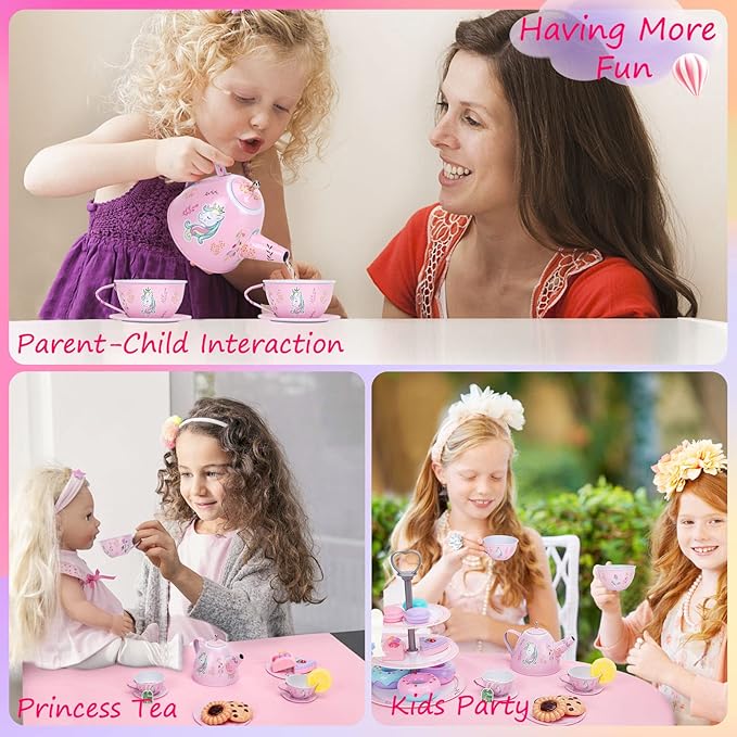 Auney Tea Set Girls Toys 36pcs, Tin Unicorn Tea Party Set Toy Pretend Play Gifts for Little Girls Age 3-6, Kids Toys Gifts for Toddlers Including Carrying Case (Unicorn Toy)