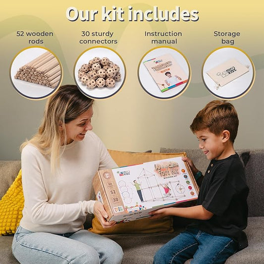 MIND KIDZ Wooden Fort Building Kit for Kids - STEM Monstessori Construction Toy - 52 rods & 30 Spheres, Eco-Friendly Play Set for Boys & Girls